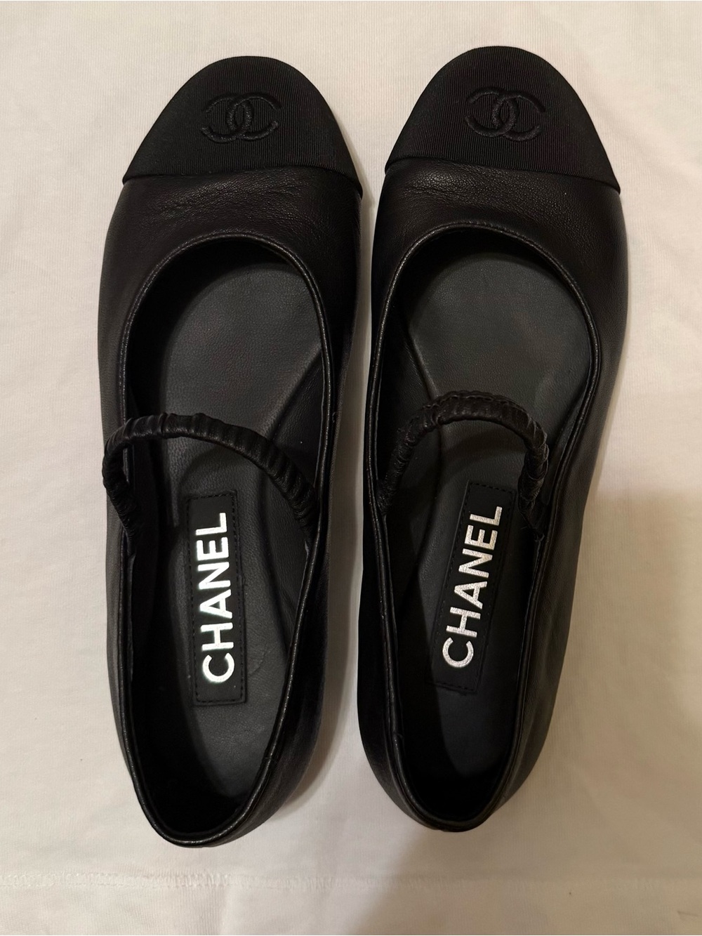 CHANEL Black Leather Elastic Slingback Ballet Flats